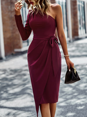 One-Shoulder Pleated Detail Belted Dress-Mope's Closet