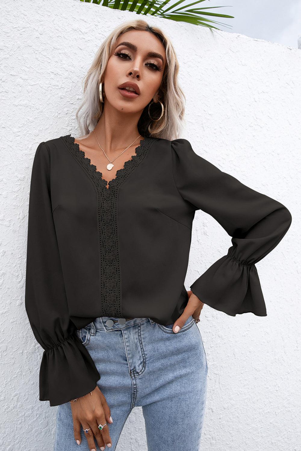 Lace Trim Flounce Sleeve Blouse-Mope's Closet