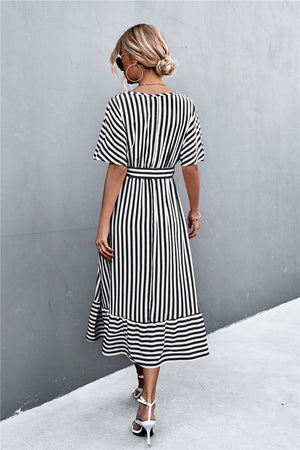 Striped Tie Belt Midi Dress-Mope's Closet