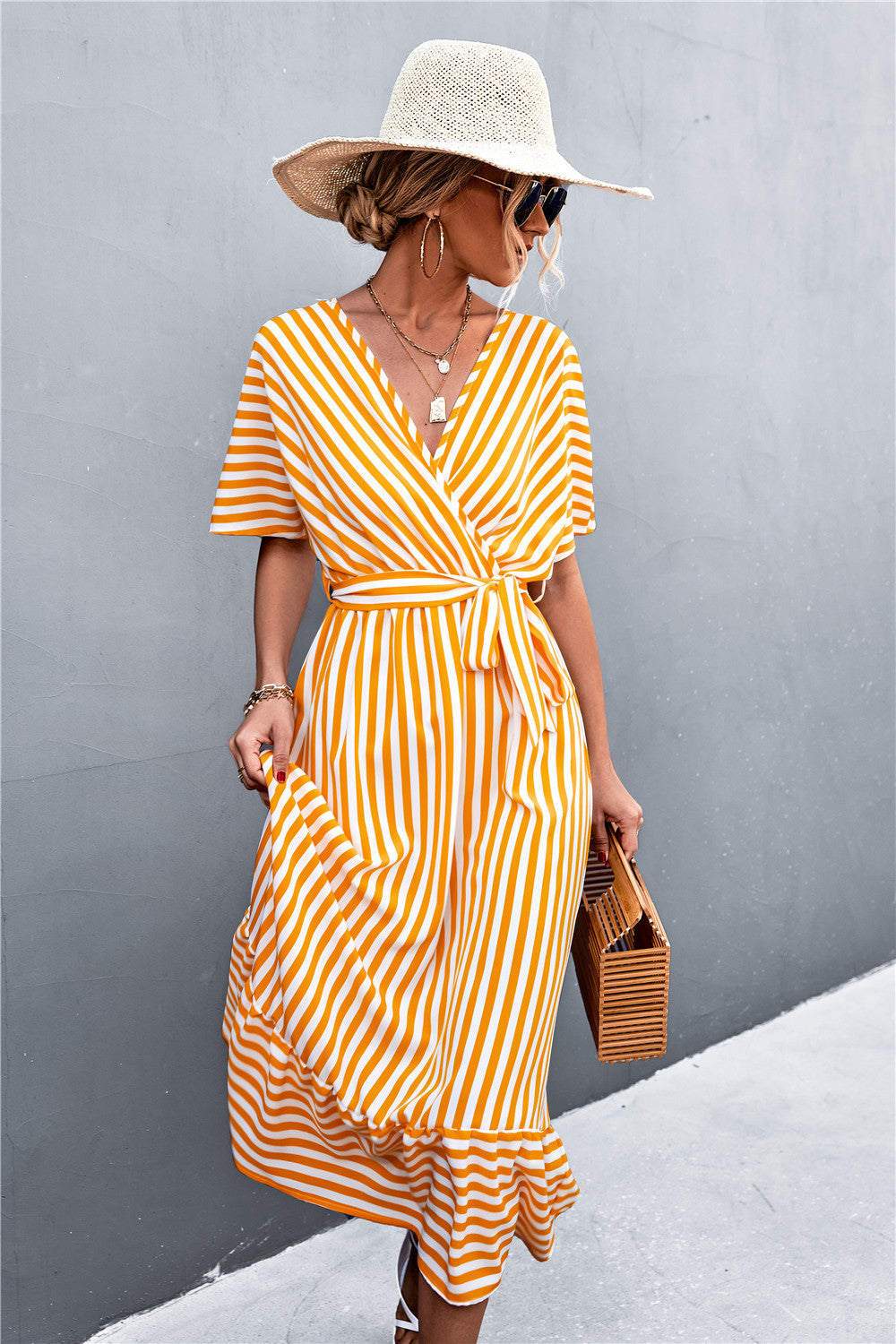 Striped Tie Belt Midi Dress-Mope's Closet