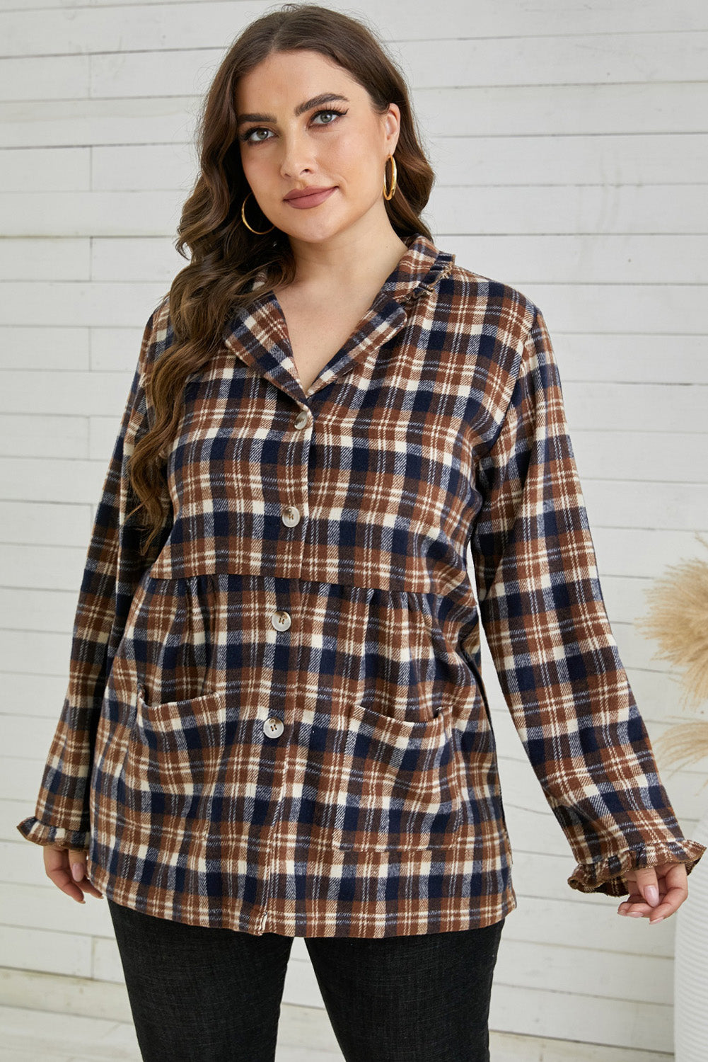 Plus Size Plaid Buttoned Collared Shacket-Mope's Closet