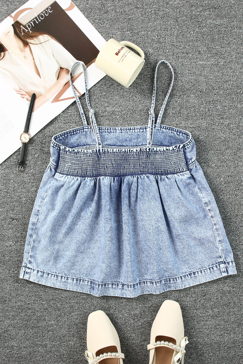 Smocked Adjustable Strap Denim Cami-Mope's Closet