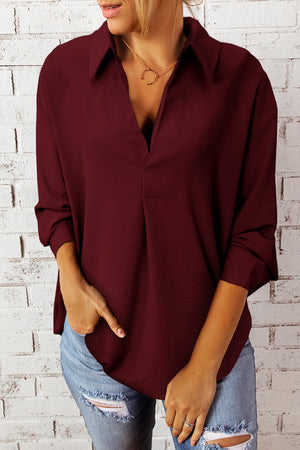 Textured Johnny Collar Three-Quarter Sleeve Blouse-Mope's Closet