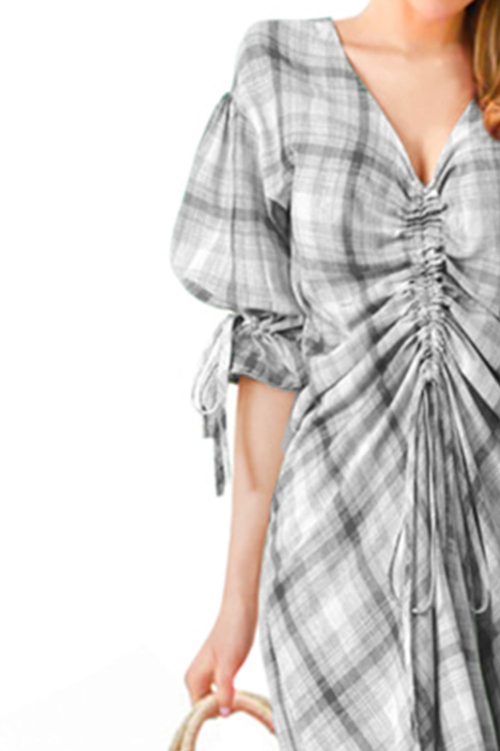 Plus Size Plaid Drawstring Detail Flounce Sleeve Dress-Mope's Closet