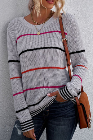 Striped Ribbed Round Neck Long Sleeve Sweater-Mope's Closet