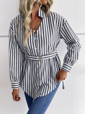 Striped Curved Hem Belted Shirt-Mope's Closet