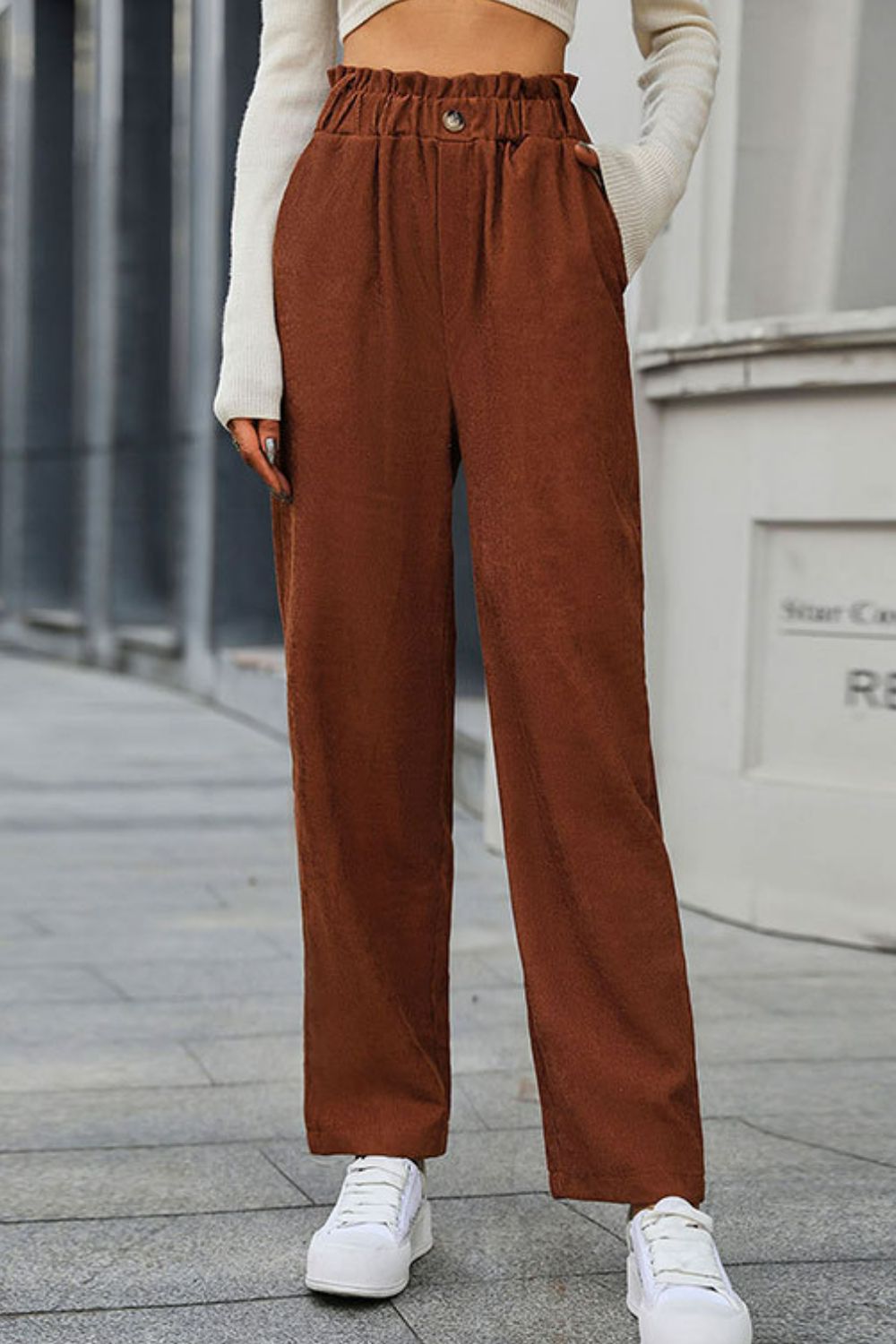 Paperbag Waist Straight Leg Pants with Pockets-Mope's Closet