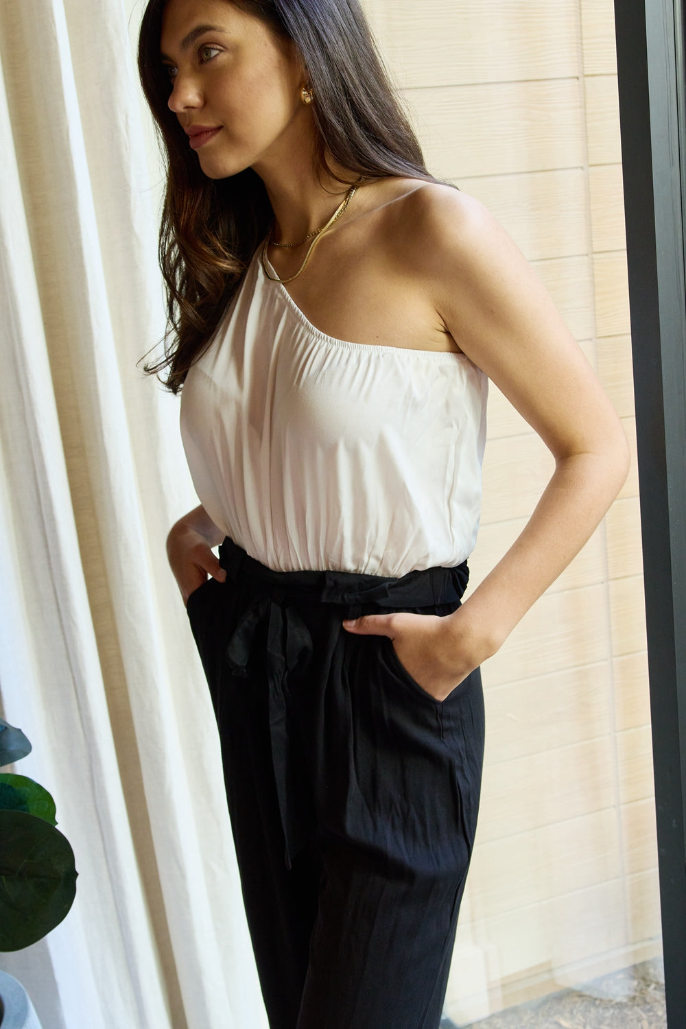 Dress Day Marvelous in Manhattan One-Shoulder Jumpsuit in White/Black-Mope's Closet