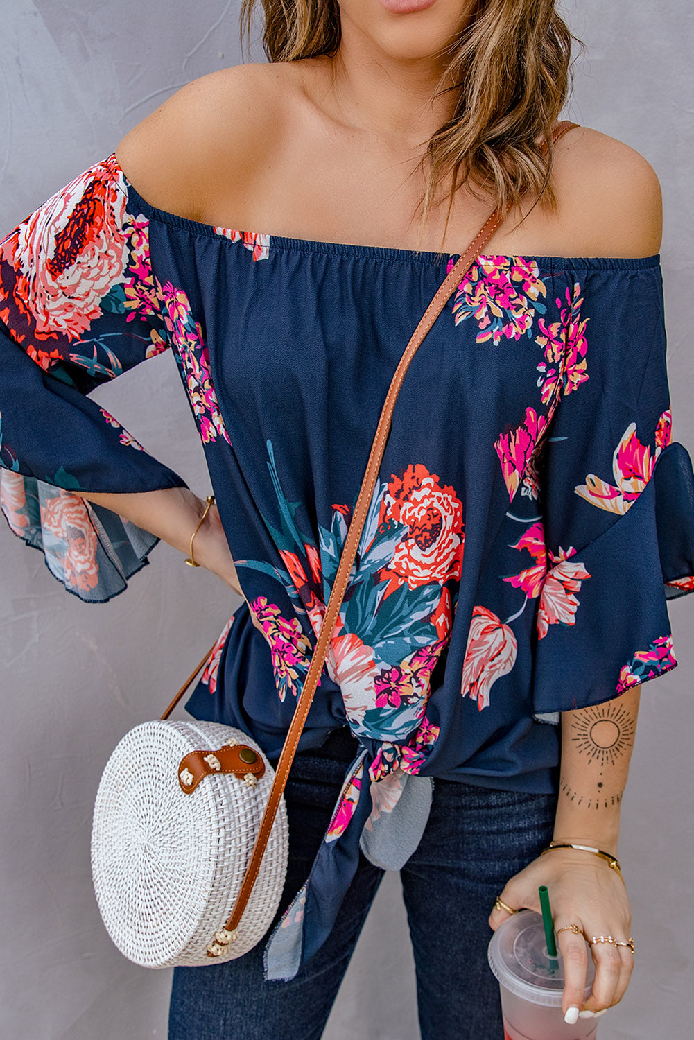 Printed Off-Shoulder Flounce Sleeve Top-Mope's Closet