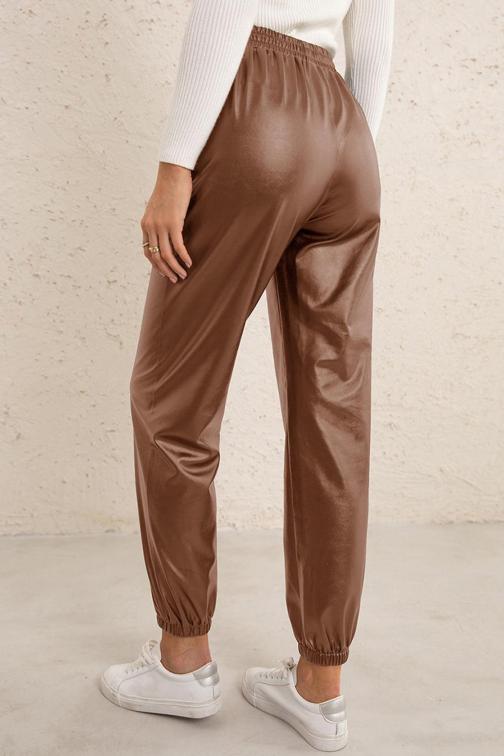 Elastic Waist PU Leather Joggers-Mope's Closet