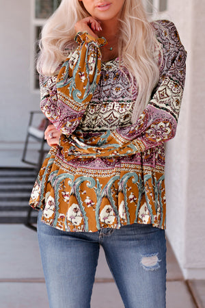 Bohemian Long Flounce Sleeve V-Neck Blouse-Mope's Closet