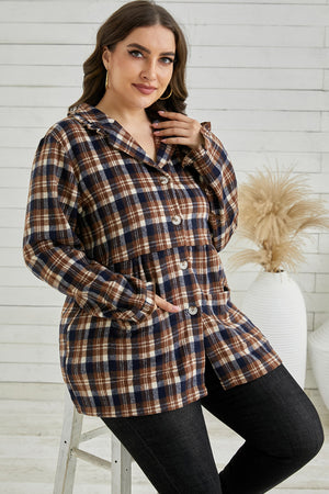 Plus Size Plaid Buttoned Collared Shacket-Mope's Closet