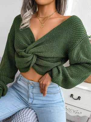 Twisted Front Long Sleeve Cropped Sweater-Mope's Closet