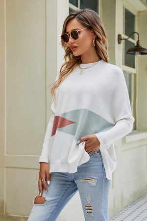 Color Block Round Neck Side Slit Sweater-Mope's Closet