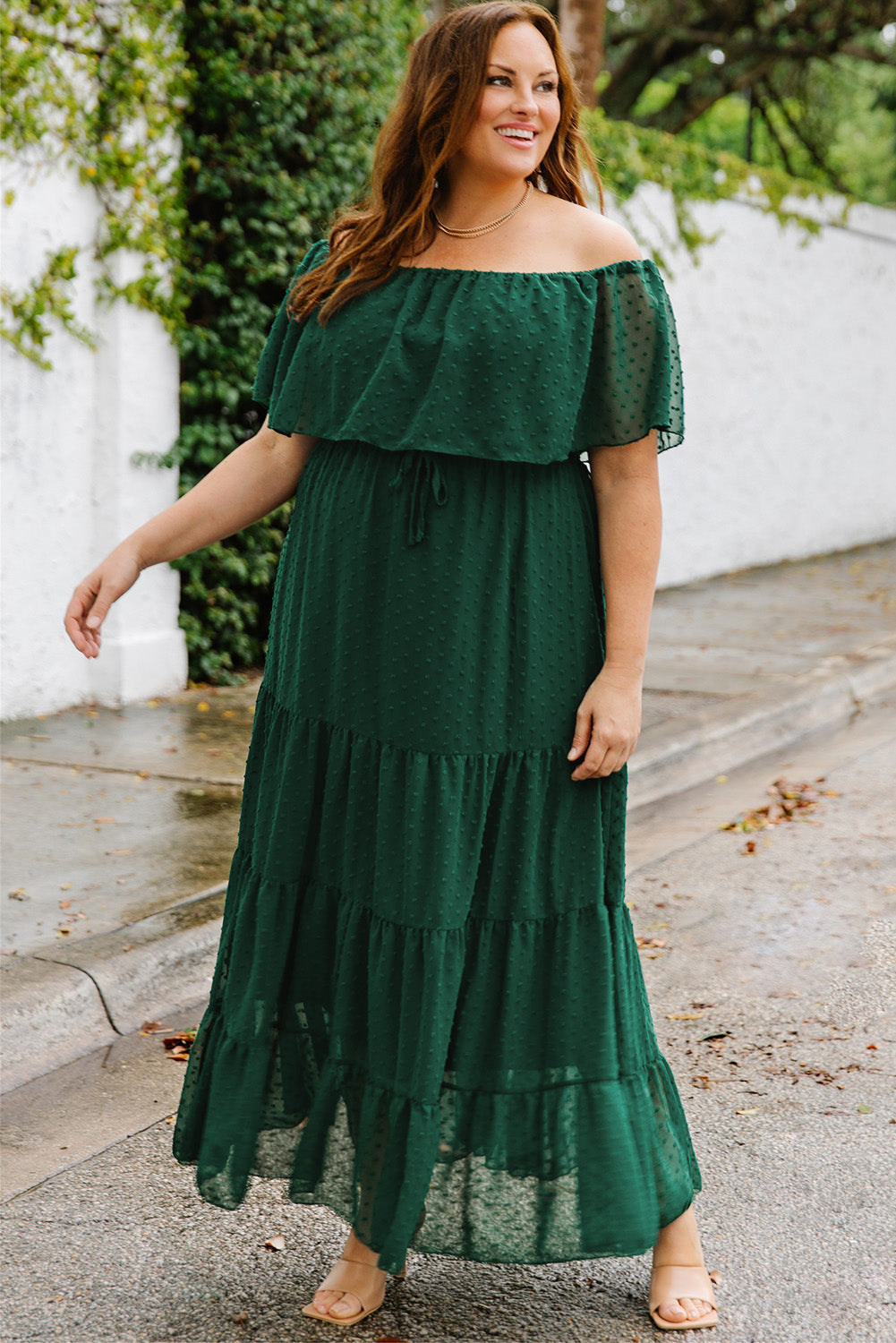 Plus Size Swiss Dot Off-Shoulder Tiered Dress-Mope's Closet