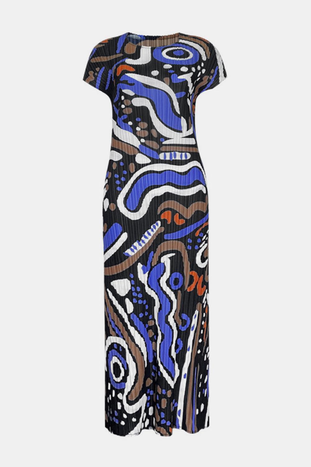 Abstract Print Accordion Pleated Round Neck Midi Dress-Mope's Closet