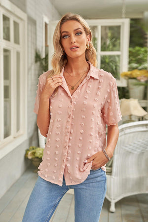 Swiss Dot Collar Short Sleeve Shirt-Mope's Closet