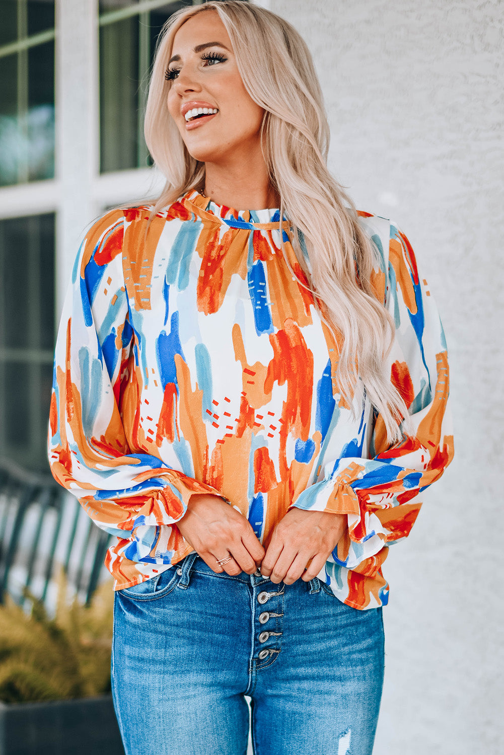 Paint Print Ruffle Collar Flounce Sleeve Top-Mope's Closet