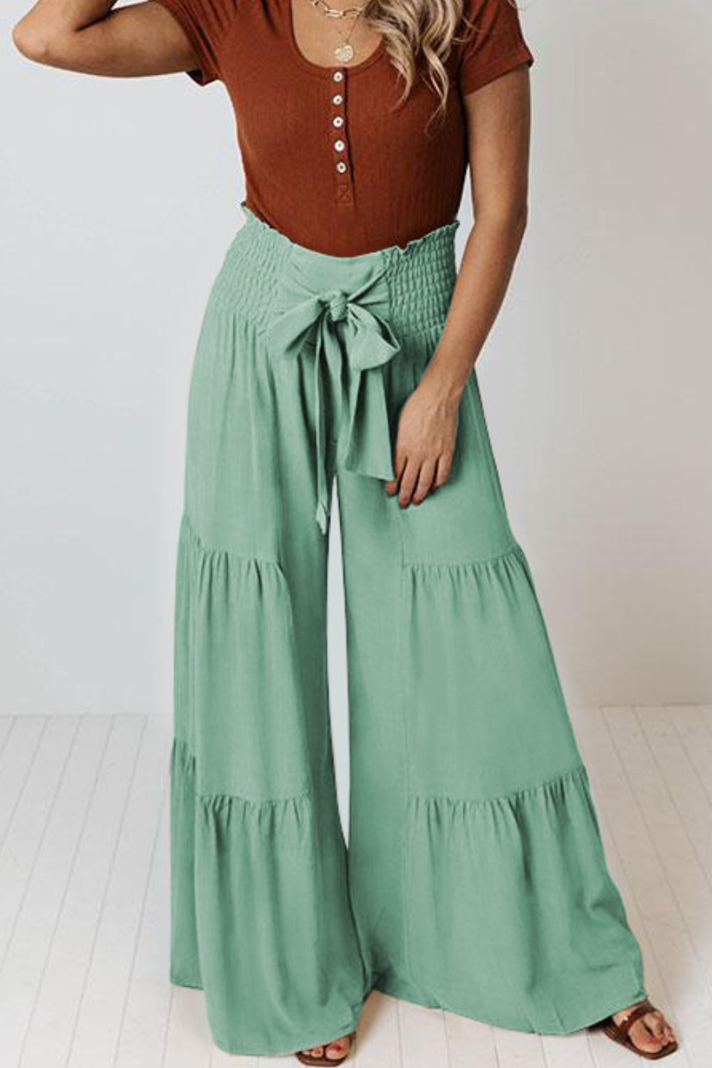 Tie Front Smocked Tiered Culottes-Mope's Closet