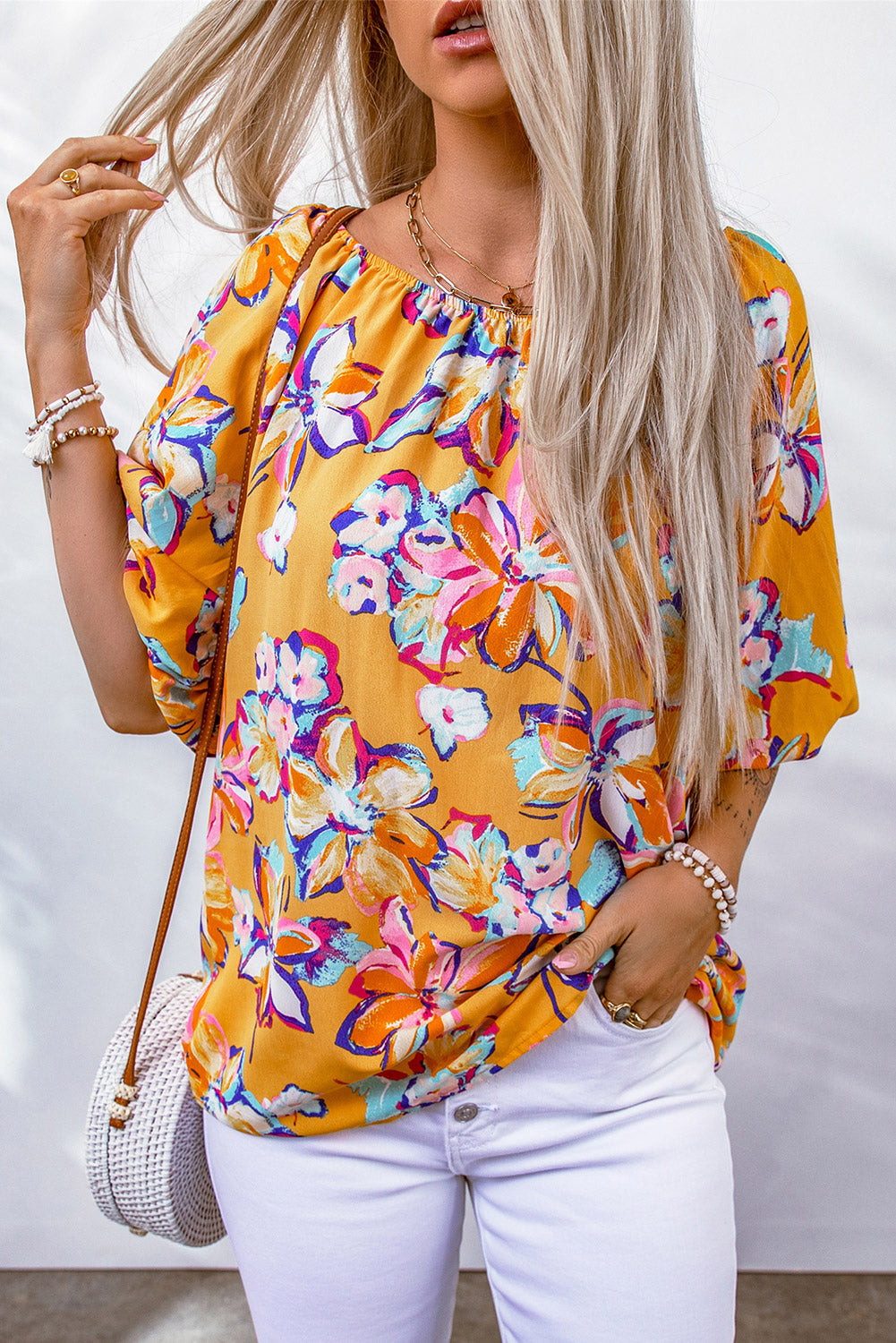 Floral Puff Sleeve Boat Neck Blouse-Mope's Closet