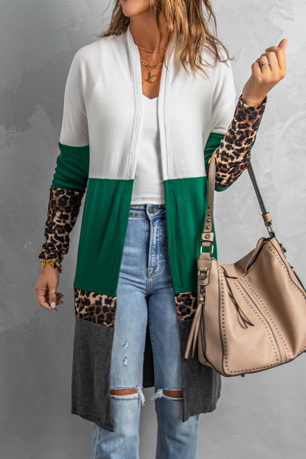 Leopard Color Block Open Front Longline Cardigan-Mope's Closet