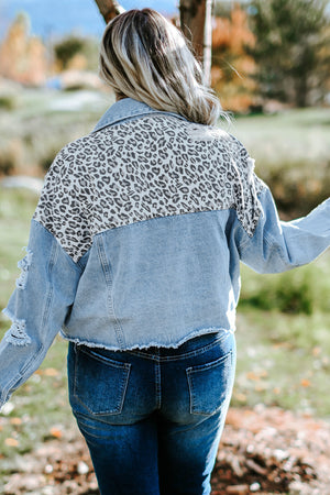 Plus Size Leopard Raw Hem Distressed Spliced Denim Jacket-Mope's Closet