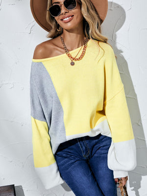 Color Block Balloon Sleeve Boat Neck Sweater-Mope's Closet