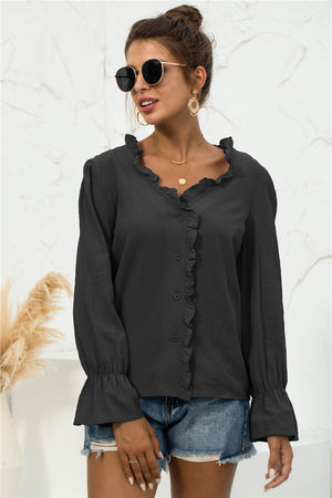 Frill Trim V-Neck Flounce Sleeve Shirt-Mope's Closet