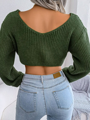 Twisted Front Long Sleeve Cropped Sweater-Mope's Closet