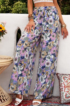 Floral Tie Belt Wide Leg Pants-Mope's Closet