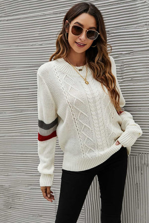 Feeling You Best Striped Cable-Knit Round Neck Sweater-Mope's Closet