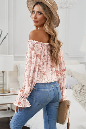 Floral Flounce Sleeve Frilled Off-Shoulder Blouse-Mope's Closet