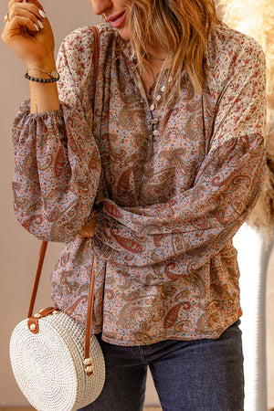 Paisley Print Quarter Button Balloon Sleeve Blouse-Mope's Closet