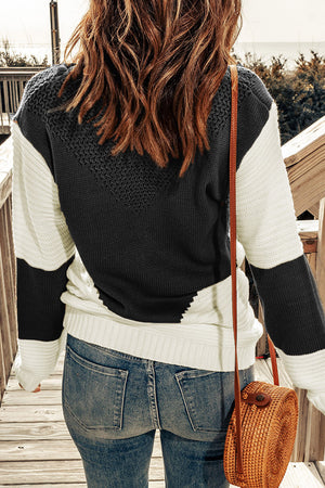 Two-Tone Openwork Rib-Knit Sweater-Mope's Closet