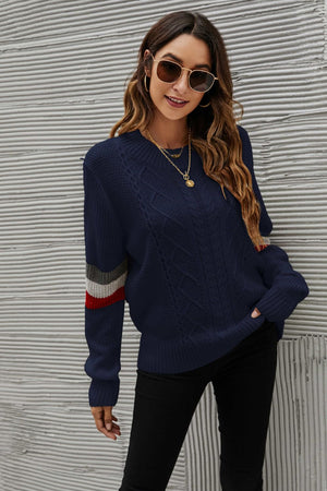 Feeling You Best Striped Cable-Knit Round Neck Sweater-Mope's Closet