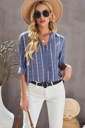 Striped V-Neck High-Low Shirt with Breast Pocket-Mope's Closet