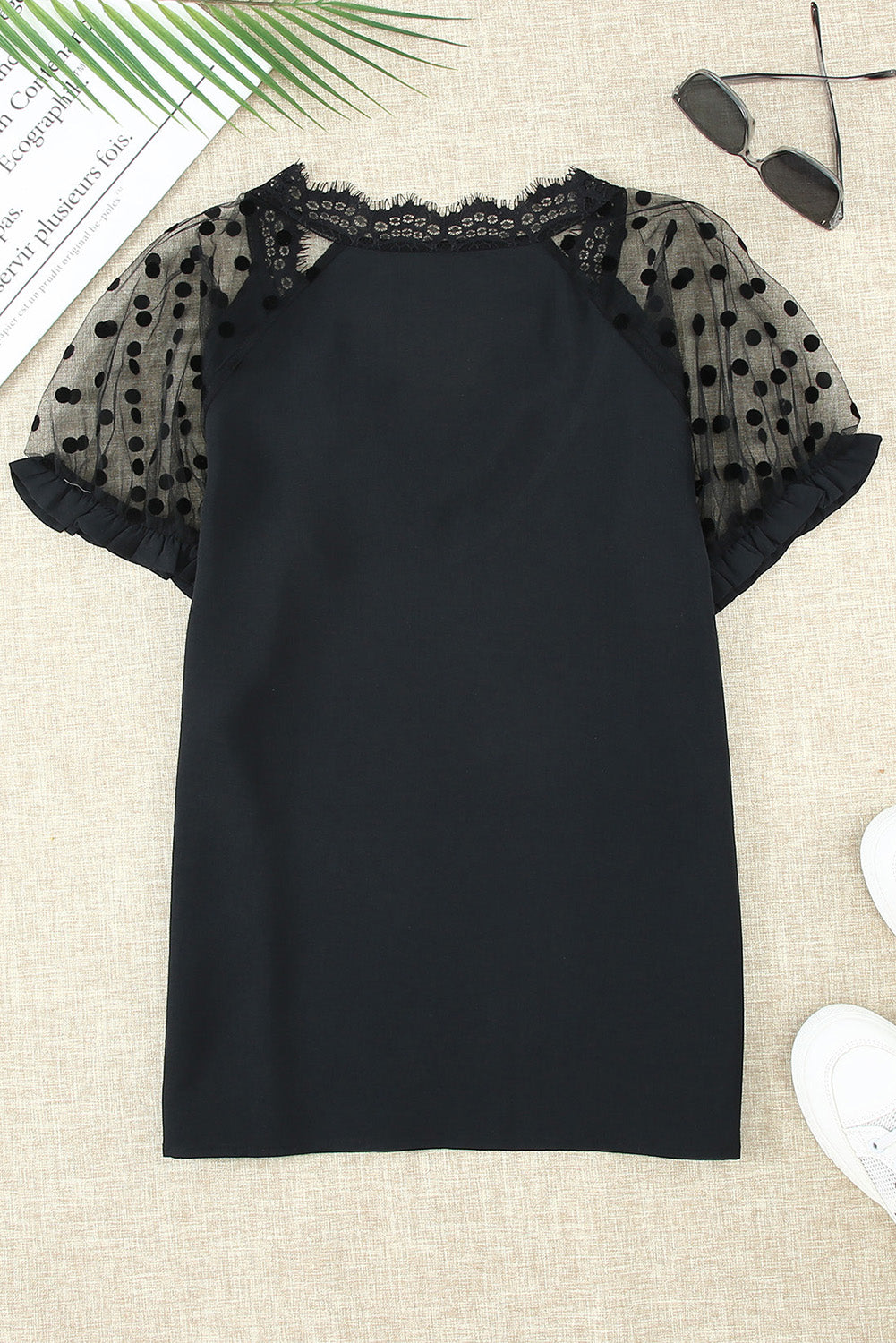 Polka Dot Lace Trim Spliced Mesh Blouse-Mope's Closet