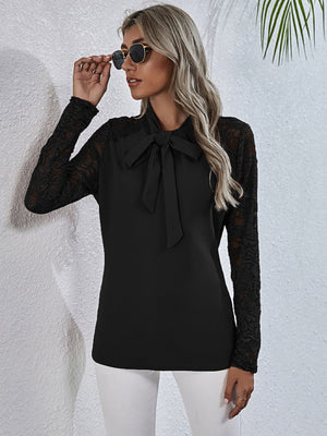 Tie Neck Spliced Lace Long Sleeve Top-Mope's Closet