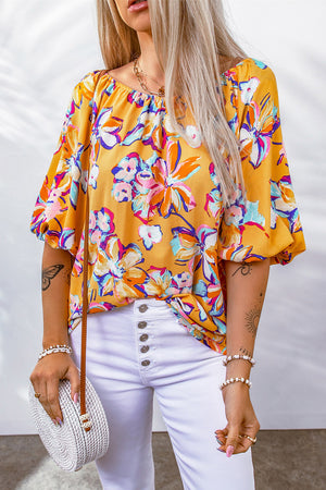 Floral Puff Sleeve Boat Neck Blouse-Mope's Closet