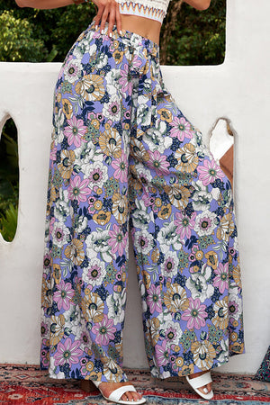 Floral Tie Belt Wide Leg Pants-Mope's Closet