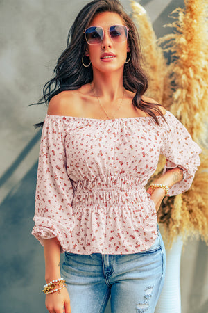 Ditsy Floral Off-Shoulder Peplum Blouse-Mope's Closet