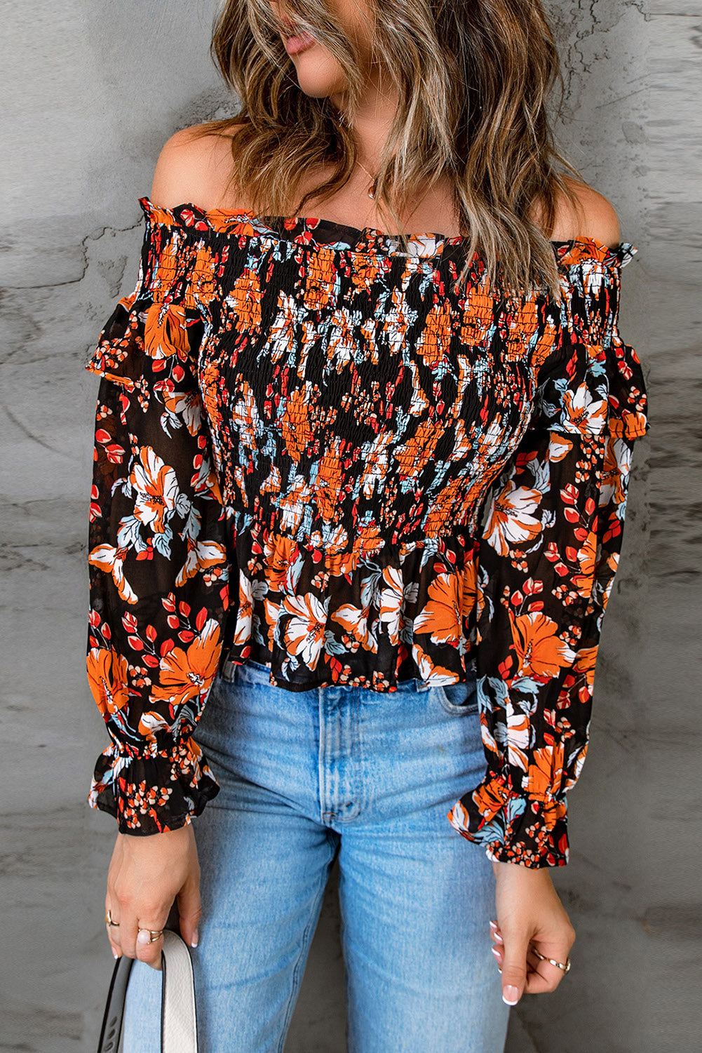 Floral Smocked Off-Shoulder Peplum Top-Mope's Closet