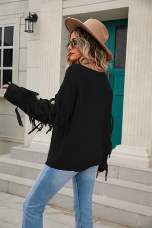 Tassel Detail Rib-Knit Round Neck Sweater-Mope's Closet