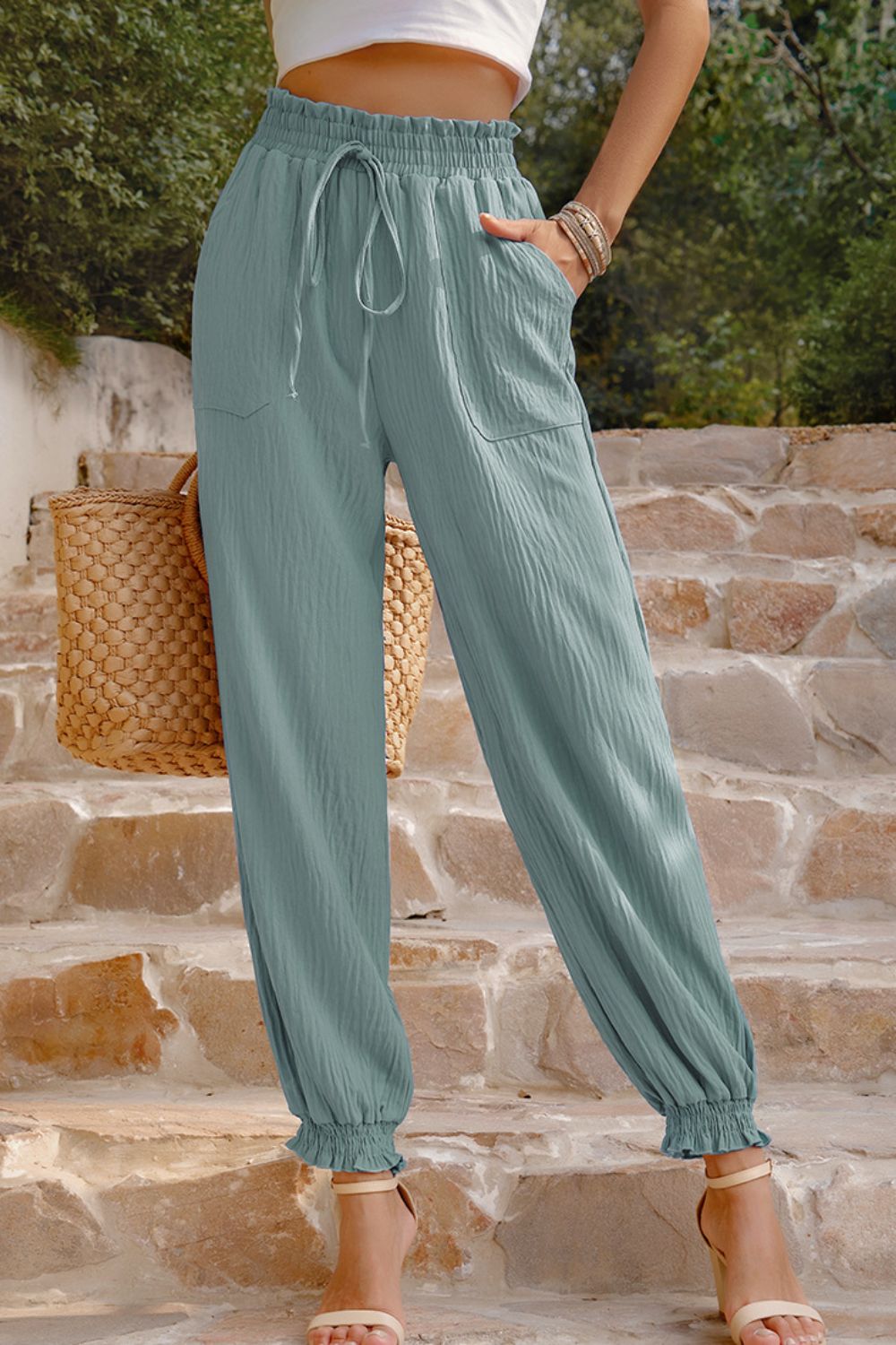 Textured Smocked Waist Pants with Pockets-Mope's Closet