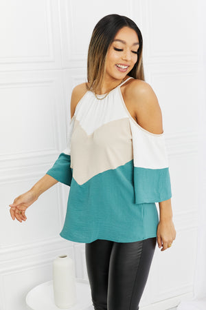 Hailey & Co Full Size Color Block Cold-Shoulder Blouse-Mope's Closet