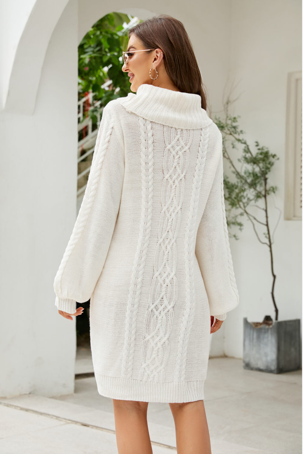 Mixed Knit Turtleneck Lantern Sleeve Sweater Dress-Mope's Closet