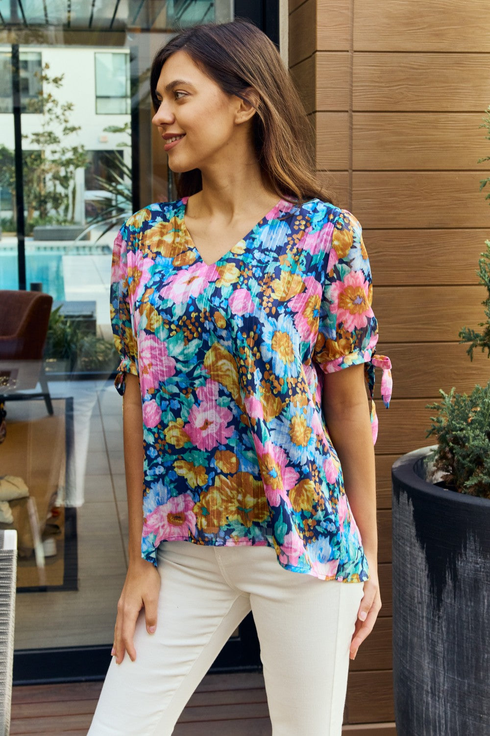 Petal Dew Full Size Floral V-Neck Tie Detail Blouse-Mope's Closet