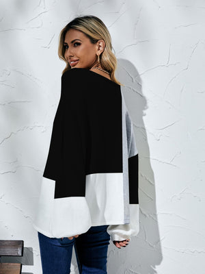 Color Block Balloon Sleeve Boat Neck Sweater-Mope's Closet