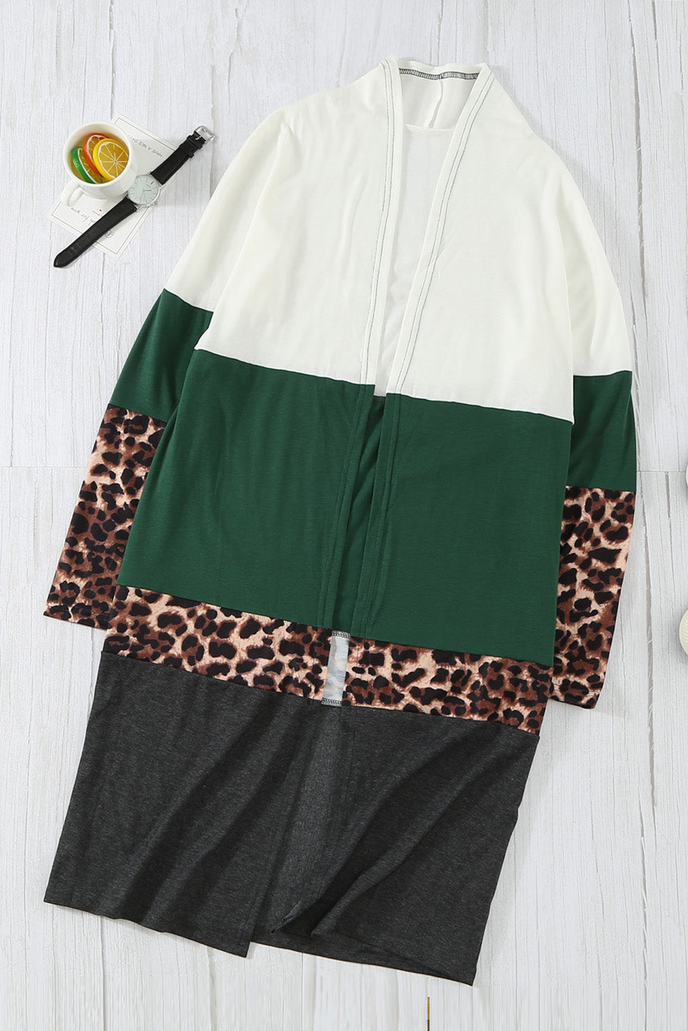 Leopard Color Block Open Front Longline Cardigan-Mope's Closet