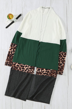 Leopard Color Block Open Front Longline Cardigan-Mope's Closet